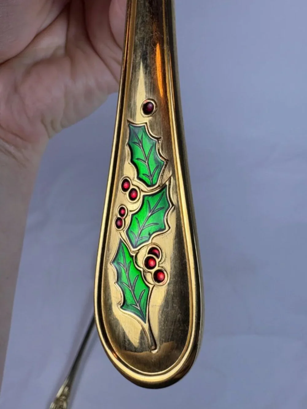 Vintage Gold Tone Salad Serving Set F.B. Rogers Italy Spoon Fork Holly Christmas